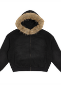 Black Boxy Detachable Fur Hoodie