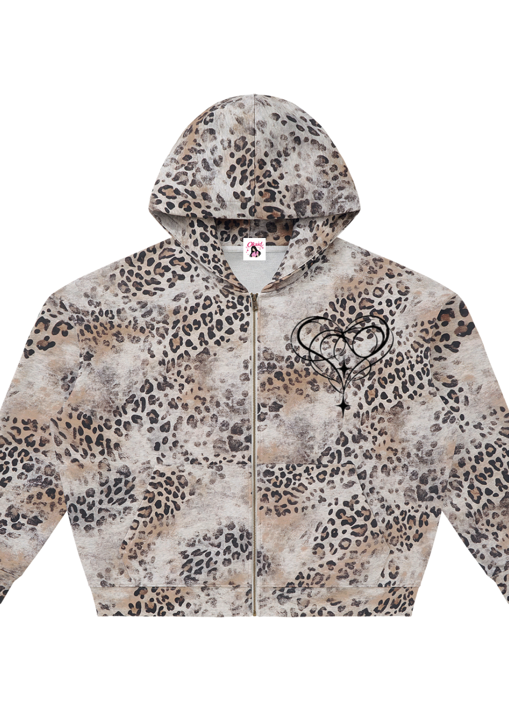 Distressed Wash Leopard Full Zip Hoodie