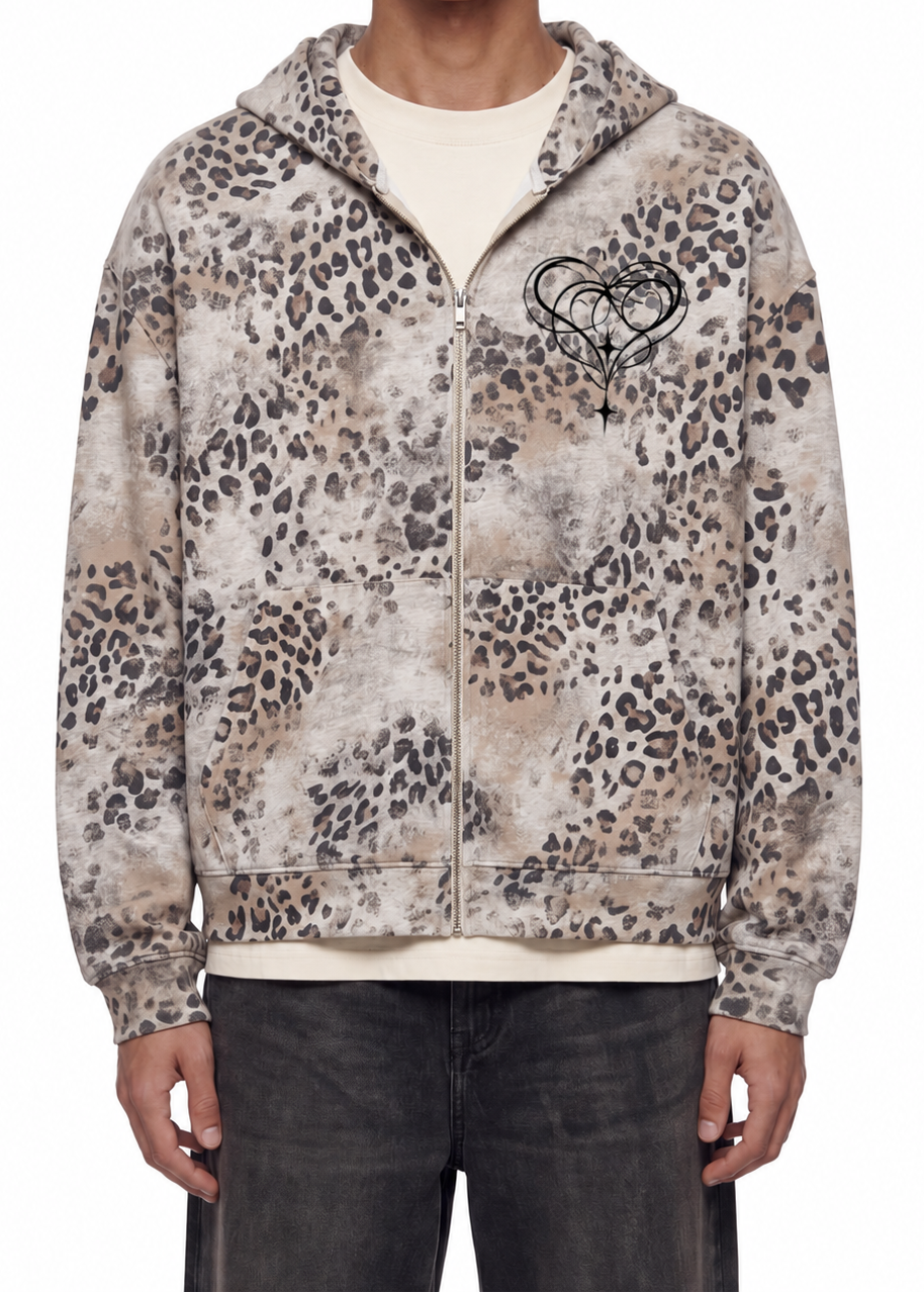 Distressed Wash Leopard Full Zip Hoodie