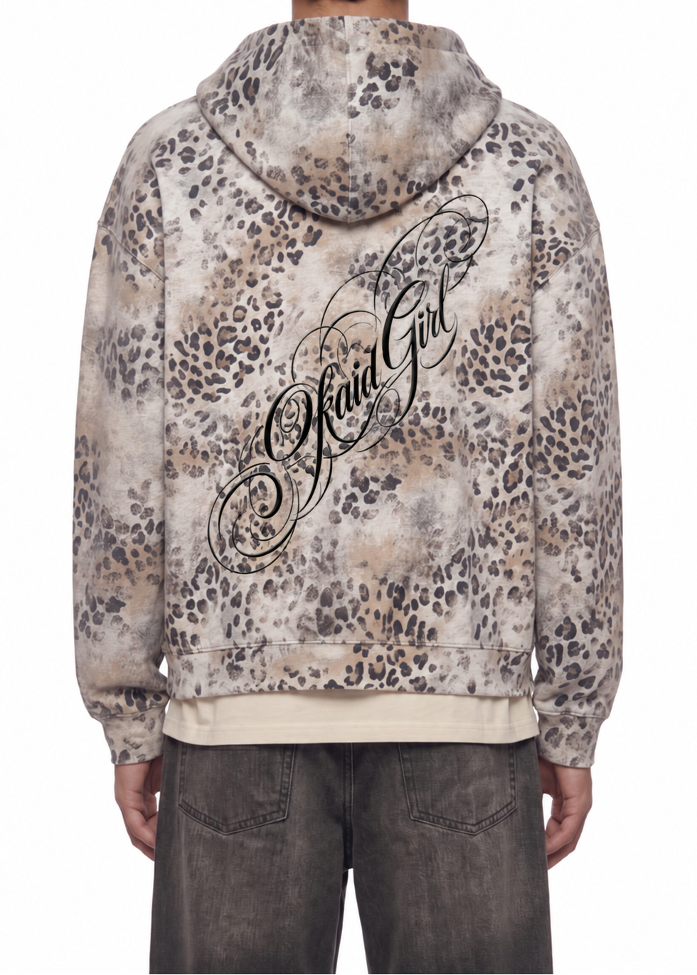 Distressed Wash Leopard Full Zip Hoodie